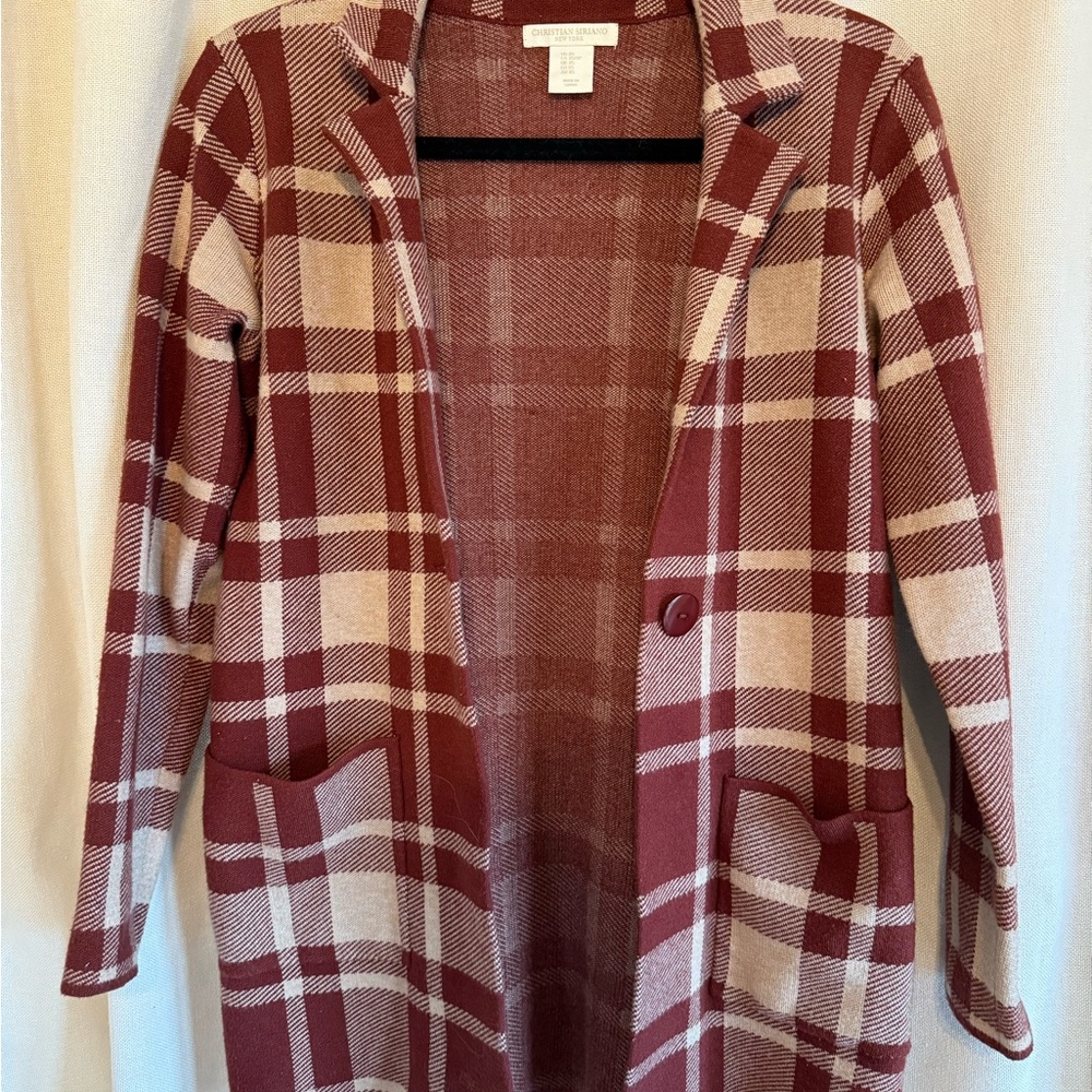 Christian Siriano Burgundy and Cream Plaid Blazer